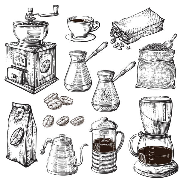 Coffee Hand Drawn Collection. Sketch Illustration Set With Turk Cups Bag With Beans Maker Kettle Cups Latte Cinnamon Coffee Hand Drawn Collection. Vector Sketch Illustration Set With Turk Cups Bag With Beans Maker Kettle Cups Latte cafe illustrations stock illustrations