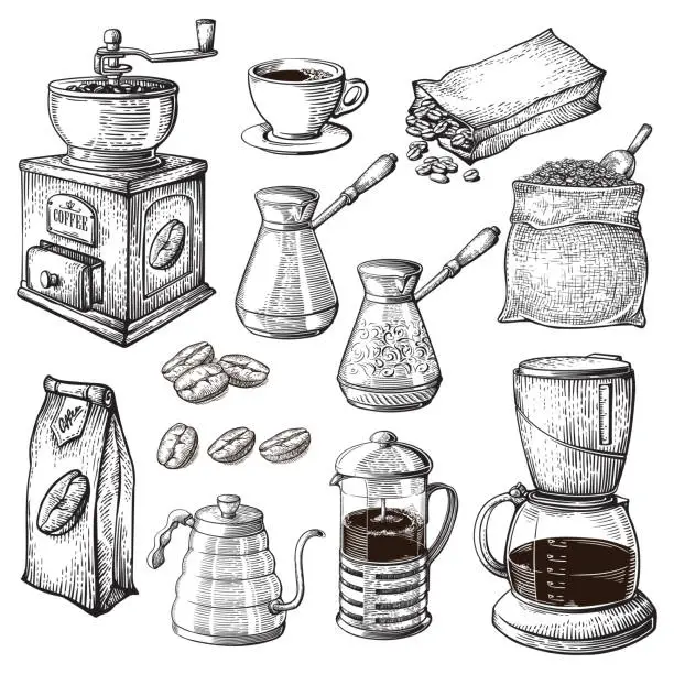 Vector illustration of Coffee Hand Drawn Collection. Sketch Illustration Set With Turk Cups Bag With Beans Maker Kettle Cups Latte Cinnamon