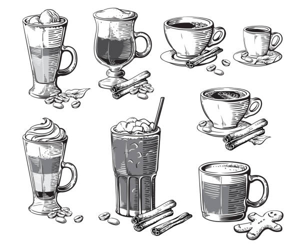 illustrations, cliparts, dessins animés et icônes de différentes boissons au café isolés. espresso macchiato irlandais cacao milk-shake glace americano à ristretto chocolat moka latte cappuccino. - hot chocolate hot drink heat drinking