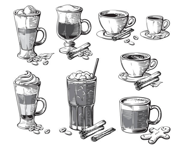 고립 된 다른 커피 음료입니다. 에스프레소 마 키 아 토 모카 초콜릿 ristretto 아일랜드 코코아 프라 페 glace 아메리카 노 라 떼 카푸치노 - latté cookie cappuccino coffee crop stock illustrations