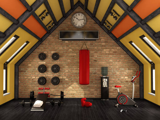 Home gym in the mansard Home gym in the mansard with training equipment - 3d rendering
Note: the room does not exist in reality, Property model is not necessary train air conditioner stock pictures, royalty-free photos & images