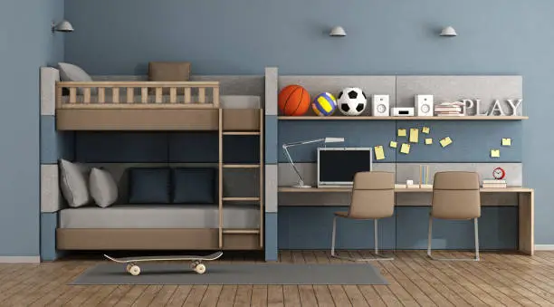 Blue Teen room with bunk bed , desk and chair - 3d rendering
Note: the room does not exist in reality, Property model is not necessary