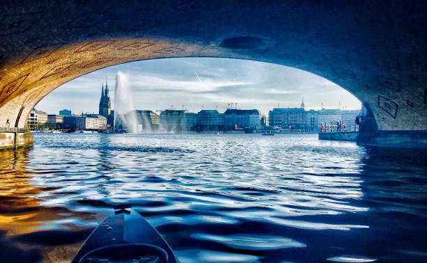 Kayaking around Alsterlake Hamburg stock photo