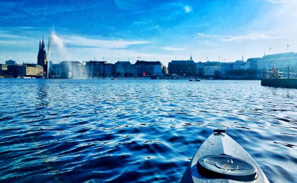 Kayaking around Alsterlake Hamburg stock photo