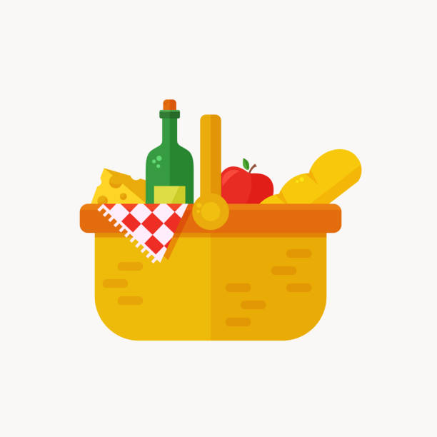 ilustrações de stock, clip art, desenhos animados e ícones de picnic basket flat icon isolated on white background. vector. - basket apple wicker fruit