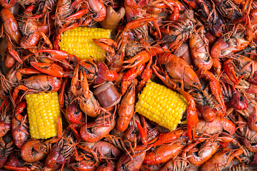 Boiled crawfish with sausage and corn on the cob