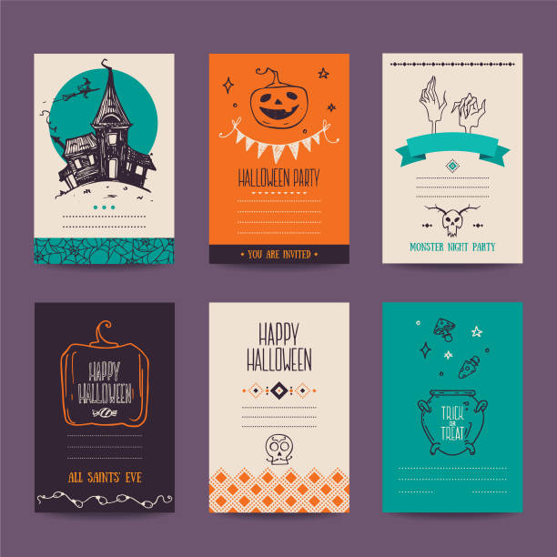 ilustraciones, imágenes clip art, dibujos animados e iconos de stock de plantillas de diseño fiesta de halloween dibujados a mano - halloween pumpkin party carving