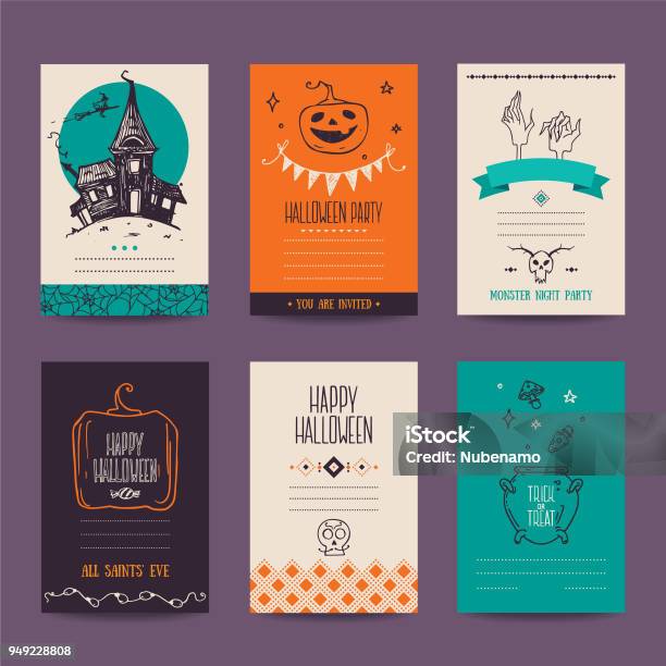Hand Drawn Halloween Party Design Templates Stock Illustration - Download Image Now - Halloween, Invitation, Carving - Craft Product