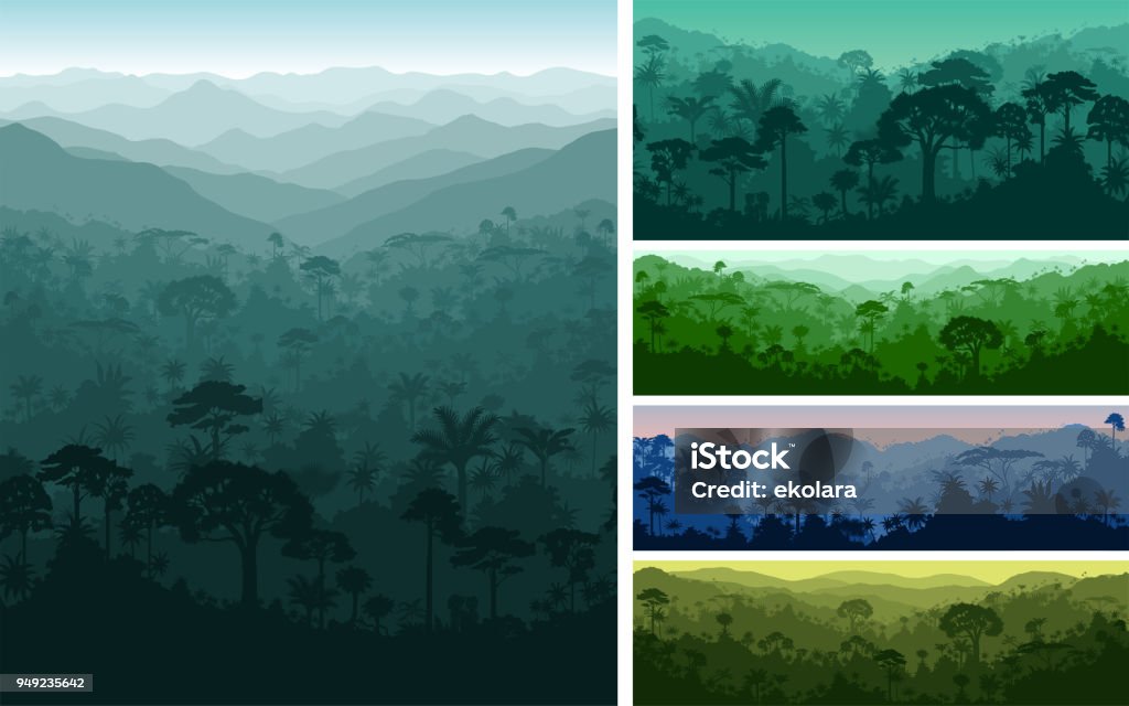 ensemble de milieux de Jungle tropicale sans couture horizontale vector - clipart vectoriel de Forêt pluviale libre de droits