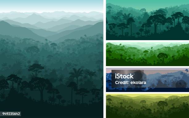 Ensemble De Milieux De Jungle Tropicale Sans Couture Horizontale Vector Vecteurs libres de droits et plus d'images vectorielles de Forêt pluviale