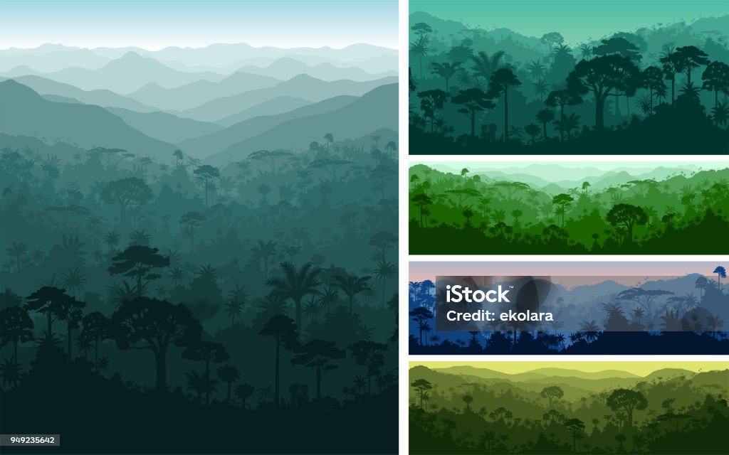 set of vector horizontal seamless tropical rainforest Jungle backgrounds Rainforest stock vector