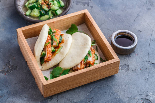 Bao bun with pork belly, steamed sandwich, gua bao stock photo