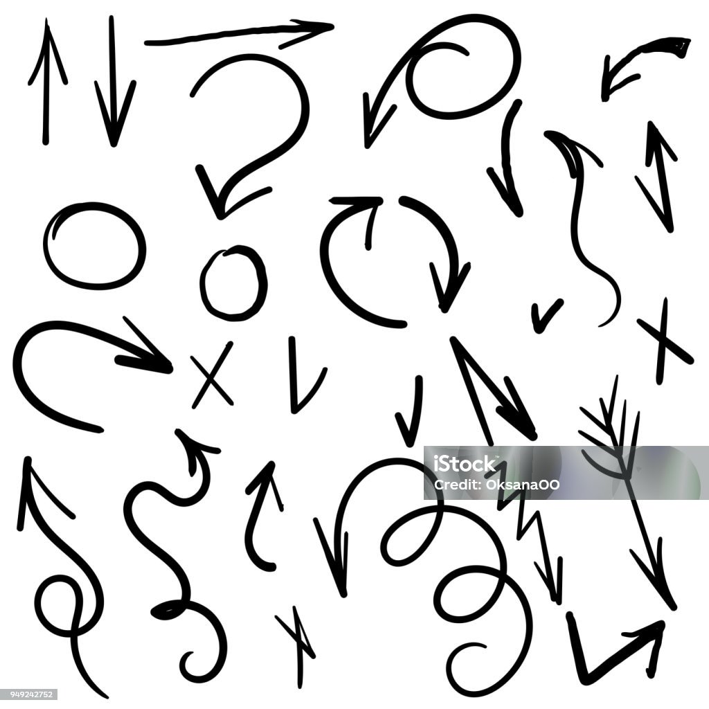 Vector set of arrows, circles, checkmarks drawn manually. Collection of sketches of black arrows and elements on a white background Vector set of arrows, circles, checkmarks hand  drawn. Collection of sketches of black arrows and elements on a white background Distance Marker stock vector