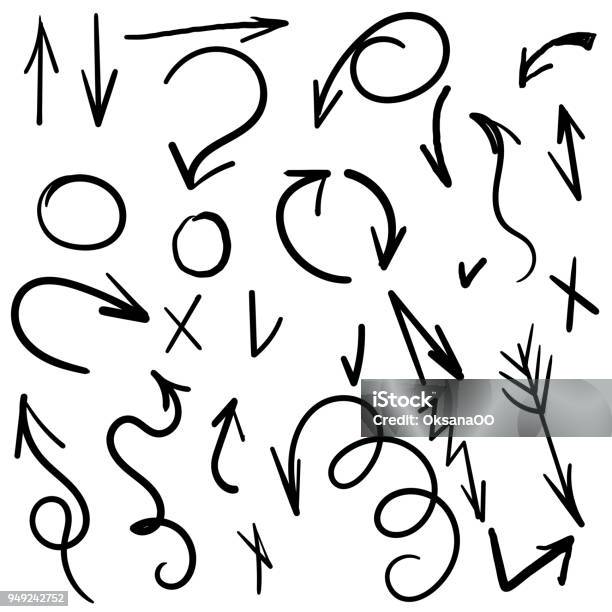 Vector Set Of Arrows Circles Checkmarks Drawn Manually Collection Of Sketches Of Black Arrows And Elements On A White Background Stock Illustration - Download Image Now