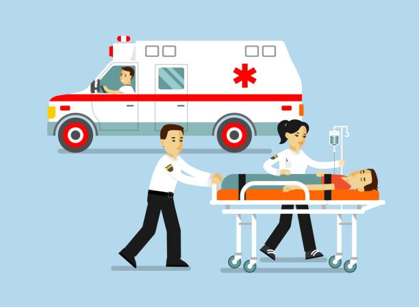 Medicine ambulance concept in flat style isolated on blue background. Young doctor paramedic man and woman, ambulance car and patient on stretcher. ambulance stock illustrations