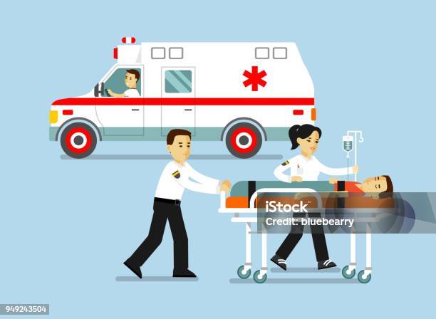 Medicine Ambulance Concept In Flat Style Isolated On Blue Background Stock Illustration - Download Image Now