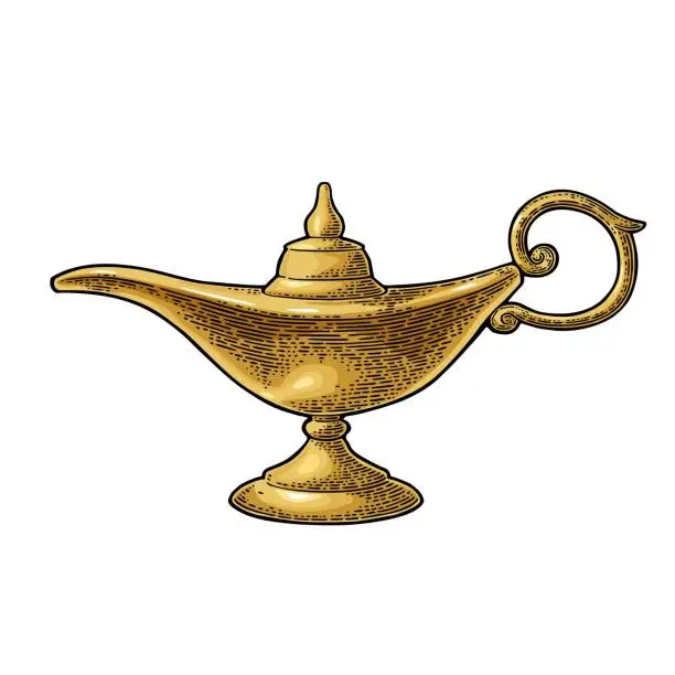 Vector illustration of Aladdin magic metal lamp. Vector black vintage engraving