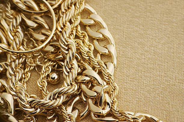 Assorted golden jewelry on brown material