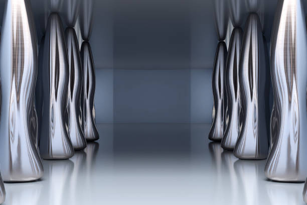 istock Futuristic Interior empty room with abstact metal reflective materials 949258278