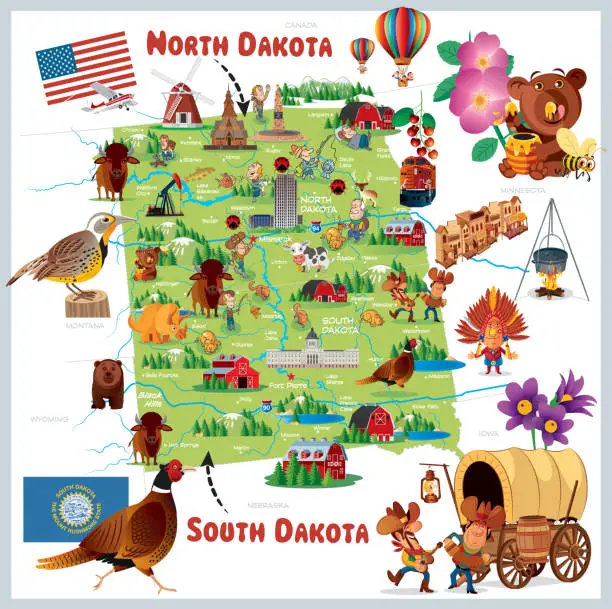 Vector illustration of North Dakota and South Dakota