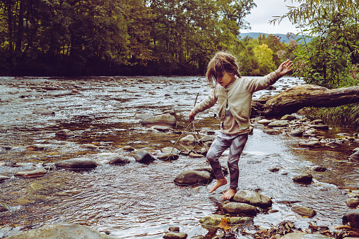 Little child in a river or stream in a rural, wooded area. Beautiful nature and child full of adventure. Barefoot, candid, vintage style image. Brave, walking on slippery rocks in the wilderness