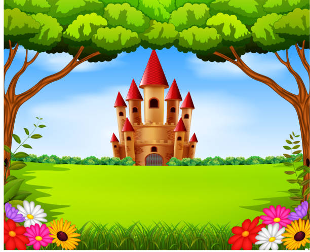 ilustraciones, imágenes clip art, dibujos animados e iconos de stock de torres del castillo en el paisaje de campo - castle fairy tale palace forest