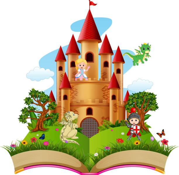 istock Castle with dragon and a knight in the storybook 949268170