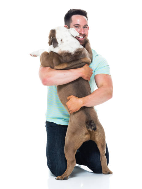 istock Happy young man playing with his bulldog 949269202