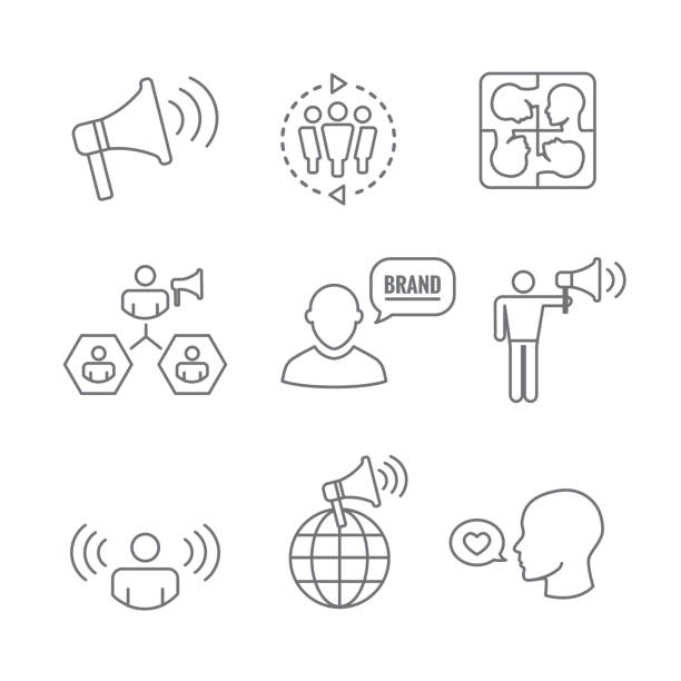 Spokesperson icon set - bullhorn, coordination, pr, and public relations person set Spokesperson icon set w bullhorn, coordination, pr, public relations person set initiatives stock illustrations