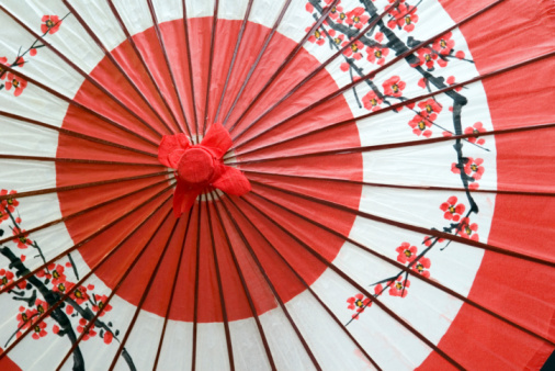 Chinese Hanfu beauties hold umbrellas outdoors in spring