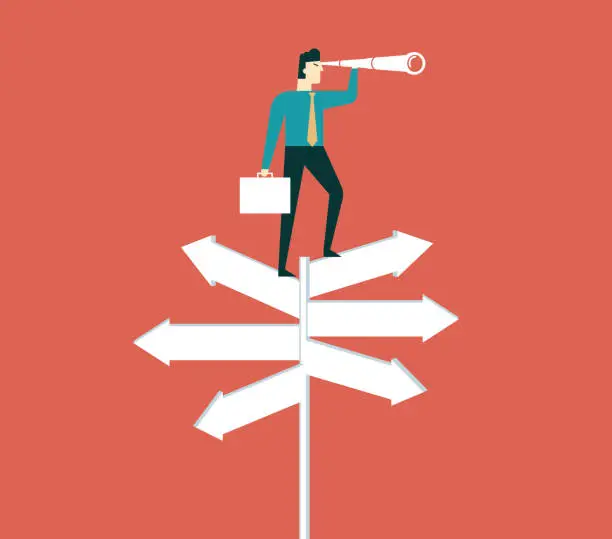 Vector illustration of Businessman with spyglass on a crossroad sign