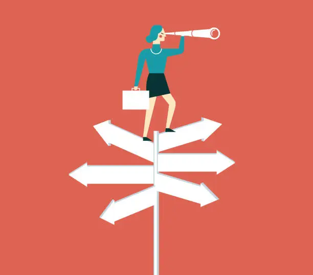 Vector illustration of Businesswoman with spyglass on a crossroad sign