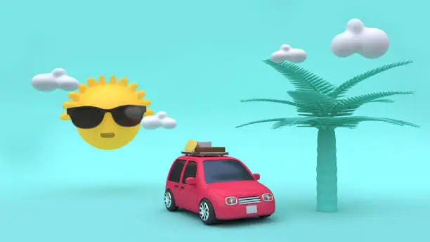 3d yellow sun clouds coconut tree cartoon style red car with many objects 3d rendering holiday,going-travel,sea,beach,summer concept
