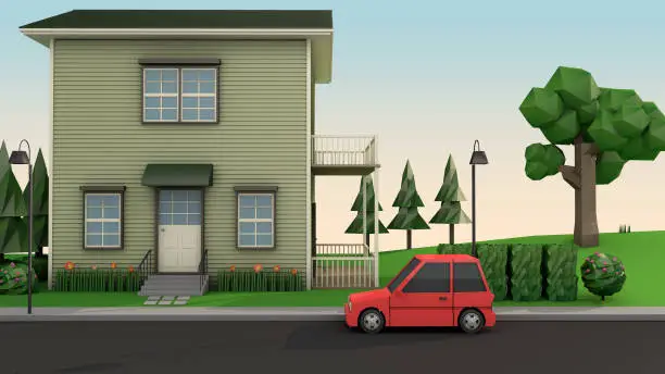 low poly house and red car on the road cartoon style 3d rendering