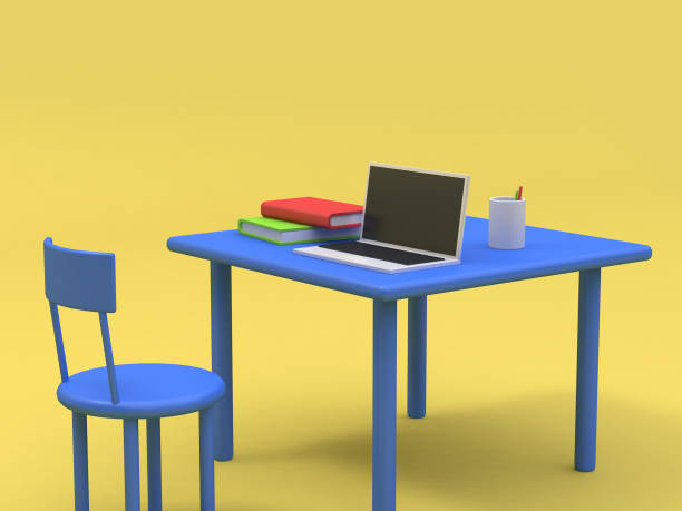 istock laptop on blue table and book cartoon style yellow background 3d rendering 949287684