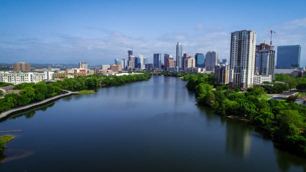 istock Austin Texas skyline Cityscape aerial drone view low angle over water 949288772
