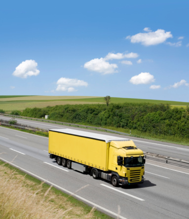 Truck transporting goods. Romania, Mehedinti. February, 12, 2023