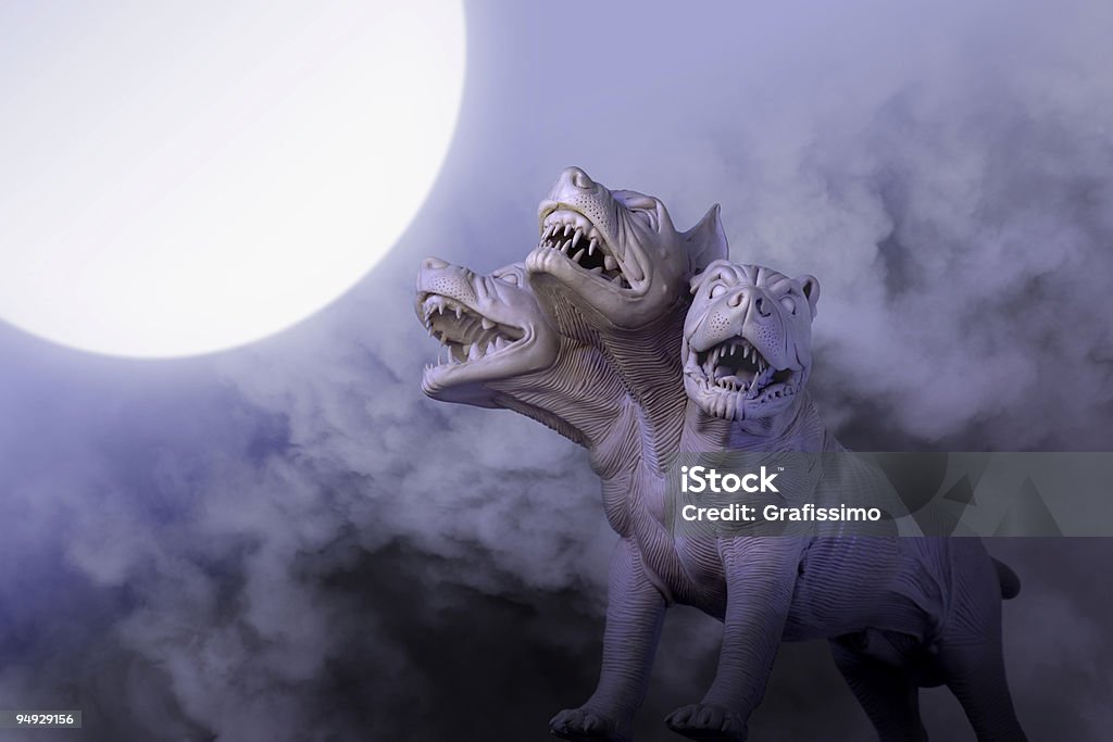 Dangerous dog with three heads at night  Cerberus - Mythical Creature Stock Photo