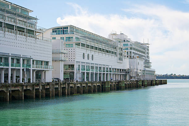 Apartment block floating on water stock photo