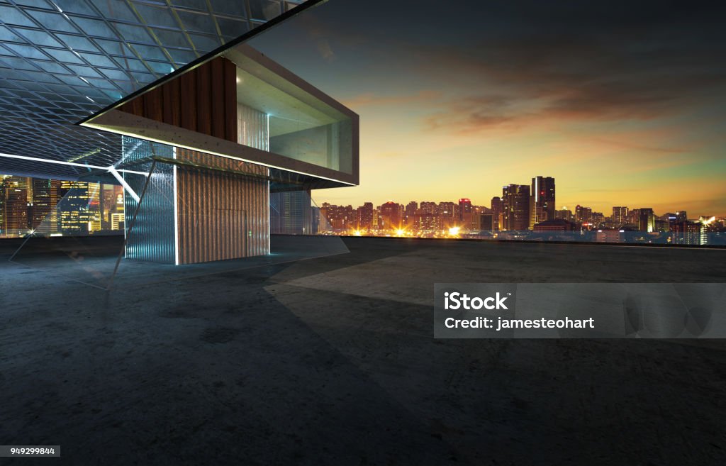 Perspective view of contemporary building exterior Perspective view of empty cement floor with steel and glass modern building exterior . 3D rendering and real images mixed media . City Stock Photo