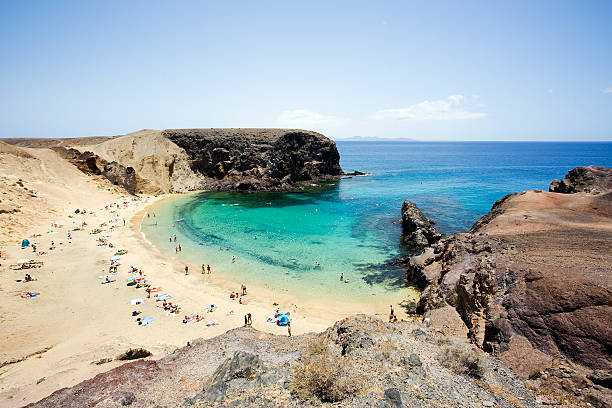 view over small bay at Papagayo beach wide-angle view of smaller bay at Papagayo beaches of Lanzarote. Find more images here: atlantic islands photos stock pictures, royalty-free photos & images