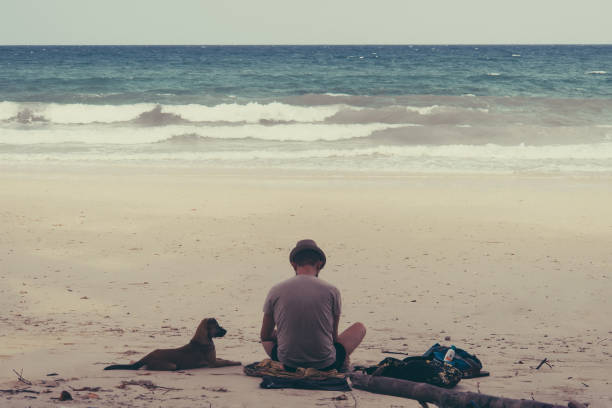 istock man hiker looking at sea dog on seaside trail. 949314770