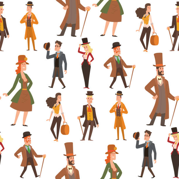 ilustrações de stock, clip art, desenhos animados e ícones de vintage victorian cartoon gents retro people vector. style fashion old people victorian gentleman clothing antique century character victorian gent people vintage wild west man and woman style - antique old fashioned illustration and painting ancient