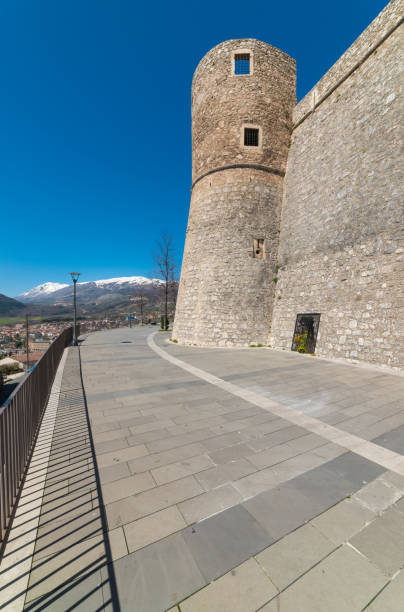 Celano (Abruzzo, Italy) Celano, Italy - 7 April 2018 - A mountain town in province of L'Aquila, Abruzzo region, beside the city of Avezzano, with the medieval stone old palace named Piccolomini, now public museum avezzano stock pictures, royalty-free photos & images
