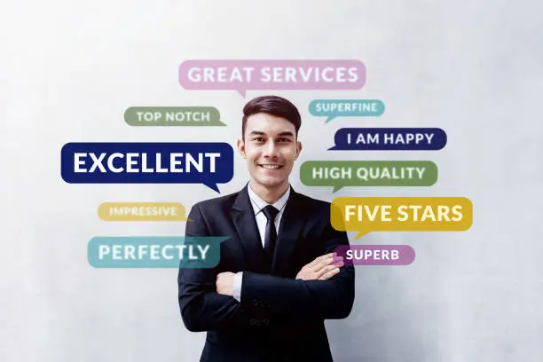 Photo of Customer Experience Concept. Happy Young Client standing at the Wall, Smiling and Crossed Arms, Looking at camera. Surrounded by Positive Review in Speech Bubble