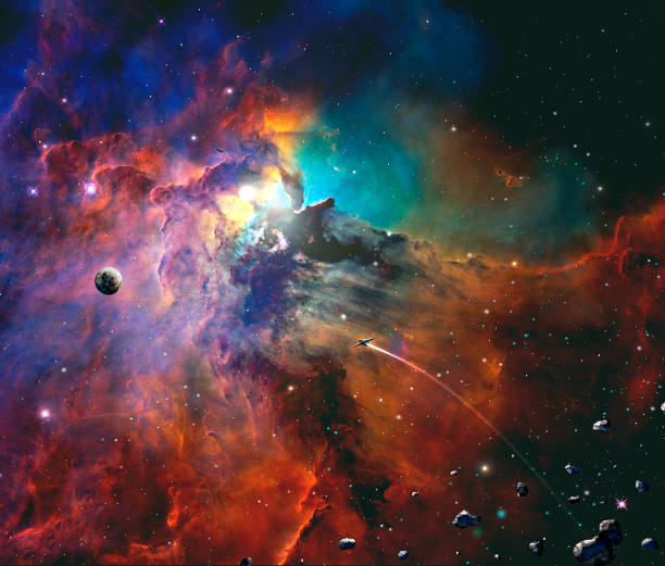 scena kosmiczna. kolorowa mgławica z planetą, statkiem kosmicznym i planetoidami. http://chamorrobible.org/gpw/gpw-20061021.htm https://www.nasa.gov/sites/default/files/thumbnails/image/stsci-h-p1821a-m-1699x2000.png - thumbnails zdjęcia i obrazy z banku zdjęć