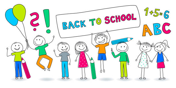 Back to School - Comic Banner Back to School - Stick figures school kids field trip clip art stock illustrations