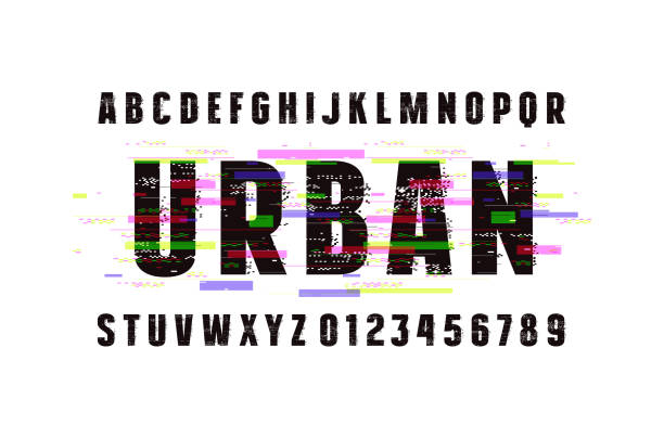 Decorative sans serif font Decorative sans serif font. Letters and numbers design with glitch distortion effect. Color print on white background distorted font stock illustrations