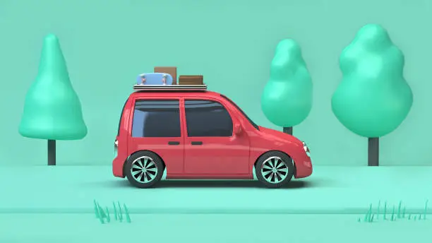 red eco car on the road with trees nature and many objects on car,holiday travel concept 3d rendering cartoon style
