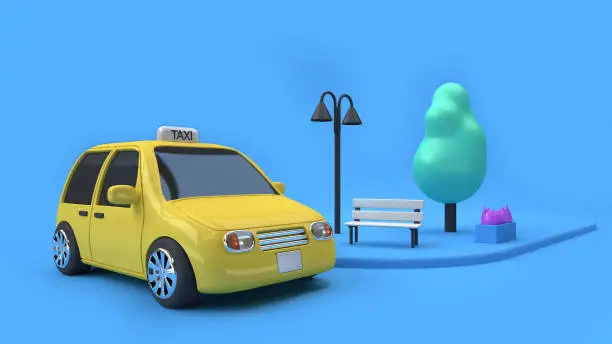 3d rendering yellow taxi eco car and a chair tree lamp on footpath of street,city transportation concept cartoon style